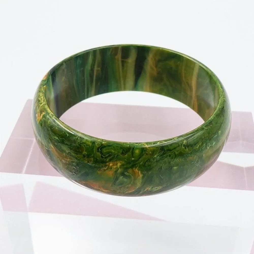 Vintage Bakelite Green Yellow Marbled Bangle Bracelet Tested